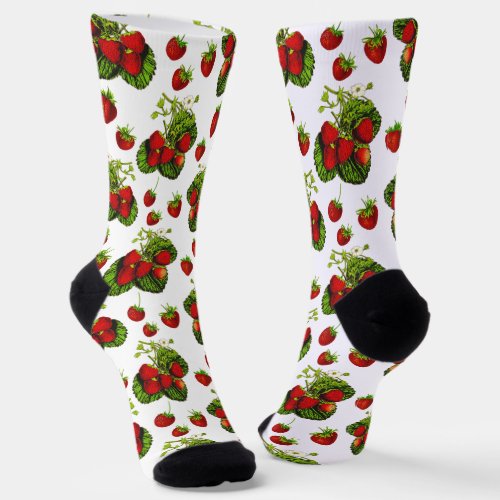 Botanical Strawberry Illustration Print on White  Socks