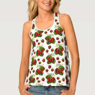 Botanical Strawberry Illustration Print on White Tank Top
