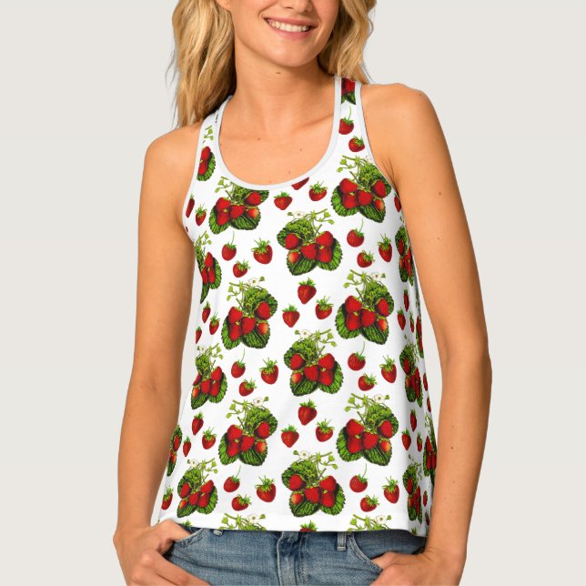 Botanical Strawberry Illustration Print on White  Tank Top (Front)