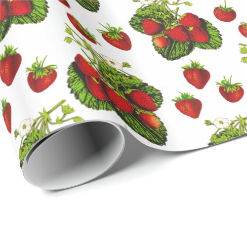 Botanical Strawberry Illustration Print on White Wrapping Paper