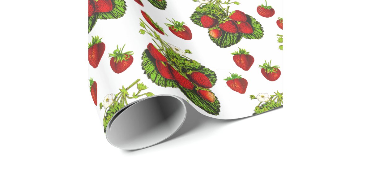 Botanical Strawberry Illustration Print on White Wrapping Paper