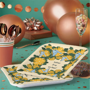 Botanical Stylized Yellow Dandelion Butterflies Paper Plates