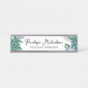 Botanical Succulent Curly Type Name, and Title Desk Name Plate