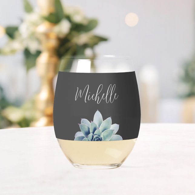 Botanical Succulent Elegant Script Classic Gray Stemless Wine Glass (Insitu (Wedding))