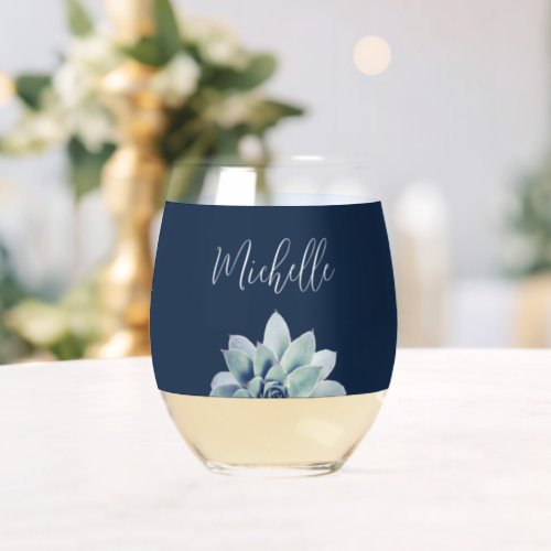 Botanical Succulent Elegant Script Navy Blue Stemless Wine Glass