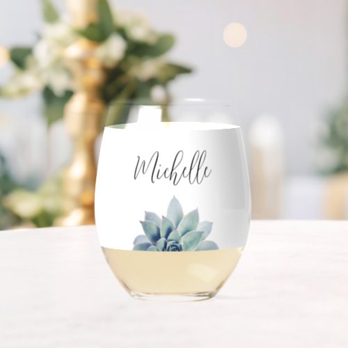 Botanical Succulent Elegant Script Stemless Wine Glass