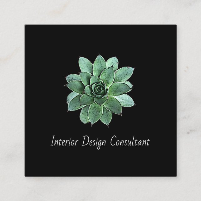 Botanical Succulent QR code Modern Black Square Business Card (Front)