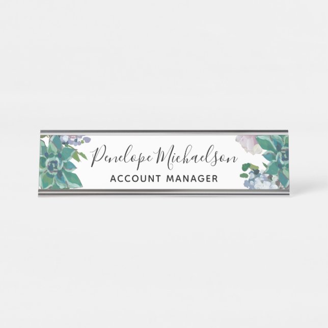 Botanical Succulent with Floral, Name, and Title Desk Name Plate (Front)
