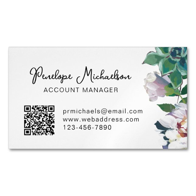Botanical Succulent with Pretty Script and QR Code Business Card Magnet (Front)