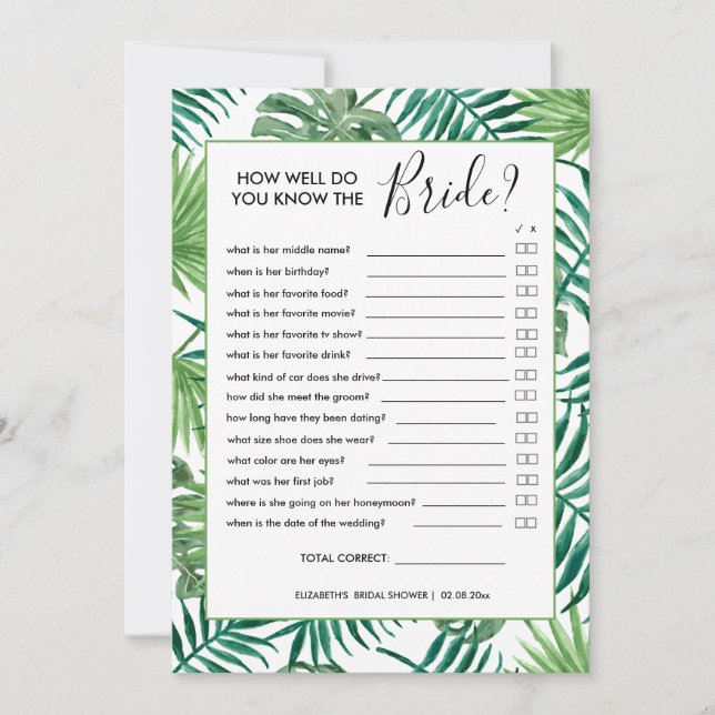 Botanical Summer  Bridal Shower Game Card (Front)