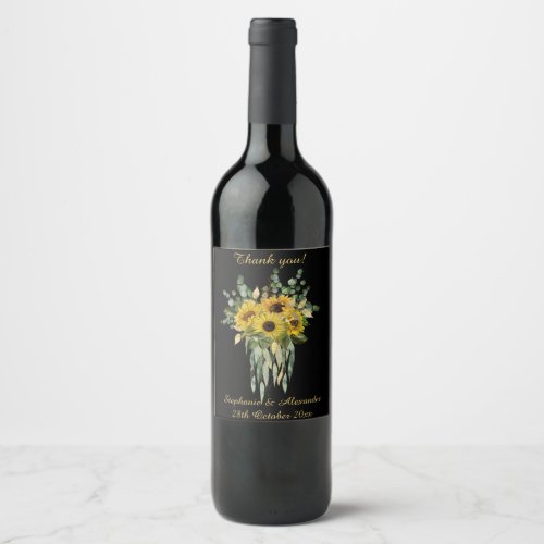 BOTANICAL SUNFLOWER BLACK CUSTOMIZABLE WINE LABEL