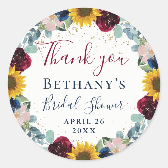 Botanical Sunflower Floral Bridal Shower Thank You Classic Round Sticker (Front)