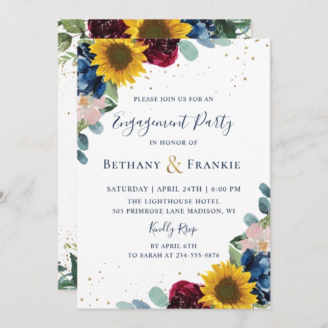 Botanical Sunflower Floral Engagement Party Invitation (Front/Back)
