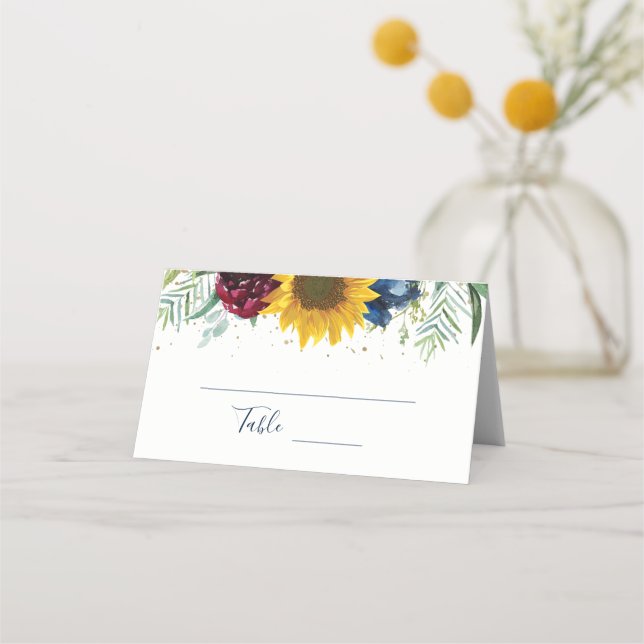Botanical Sunflower Floral Gold Glitter Place Card (Front)