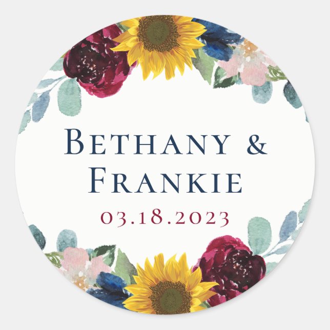 Botanical Sunflower Floral Wedding Favor Classic Round Sticker (Front)