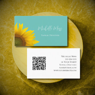 Botanical Sunflower QR code Whimsical Boho Business Card