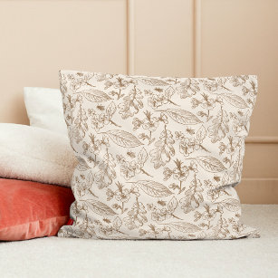 Botanical Taupe Brown Ivory Leaves Floral Pattern Throw Pillow