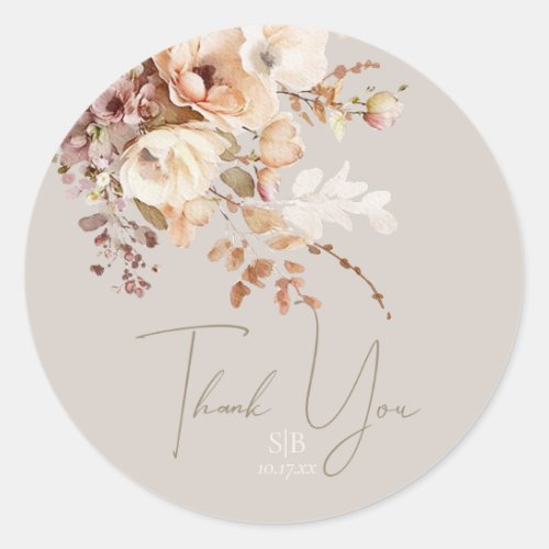 Botanical Taupe Floral Monogram Thank You Favor Classic Round Sticker
