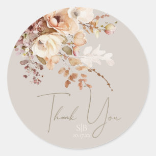 Botanical Taupe Floral Monogram Thank You Favor Classic Round Sticker