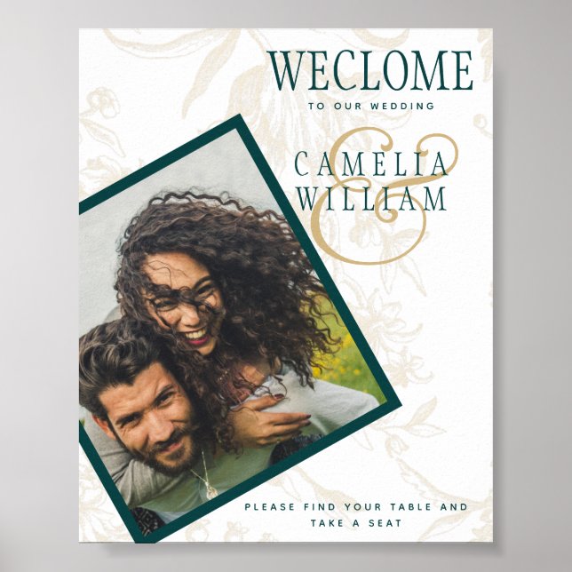 BOTANICAL TEAL GOLD PHOTO Wedding WELCOME Poster (Front)