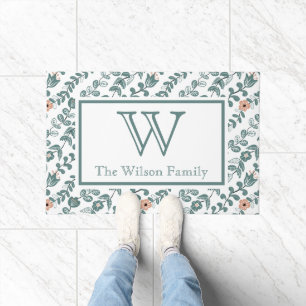 Botanical Teal Name Monogram Floral Pattern Doormat
