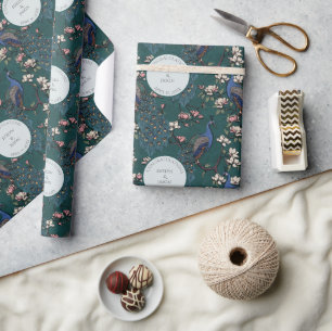Botanical Teal Wedding Peacock & Flowers Wrapping Paper