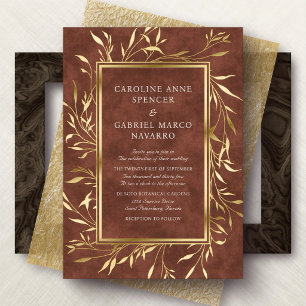 Botanical Terracotta Elegant Leaves Wedding Foil Invitation