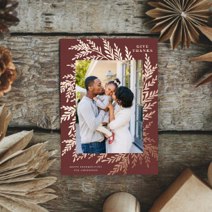 Botanical Thanksgiving Photo Burgundy Rose Gold Foil Holiday Card