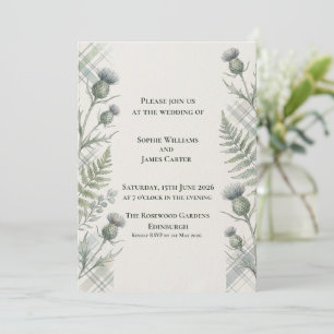 Botanical Thistle Fern Gray Tartan Scottish Weddin Invitation