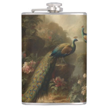 Botanical: three peacocks in English garden