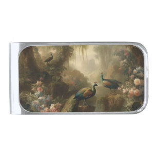 Botanical: three peacocks in English garden  Silver Finish Money Clip