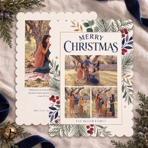 Botanical Three Photo Merry Christmas Card