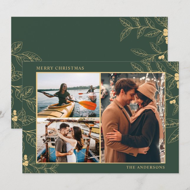 Botanical Three Photo Merry Christmas Couple (Front/Back)