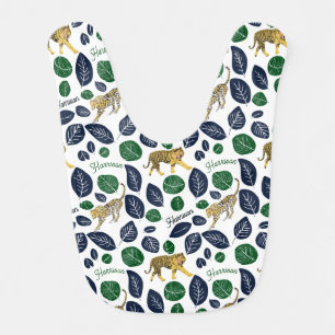Botanical Tiger Cheetah Boy Name Baby Bib