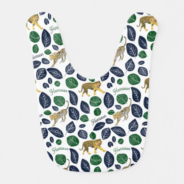 Botanical Tiger Cheetah Boy Name Baby Bib (Front)