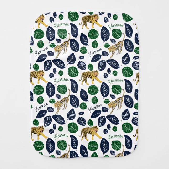 Botanical Tiger Cheetah Boy Name Baby Burp Cloth (Front)