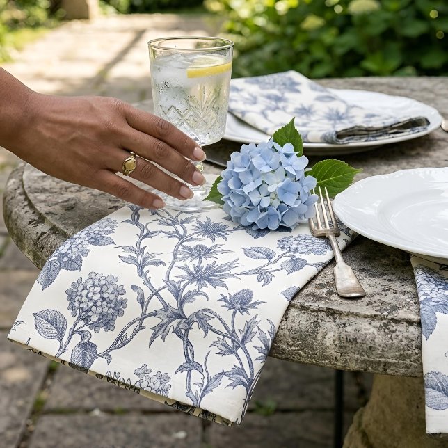 Botanical Toile | Hydrangea & Sea Holly Cloth Napkin (Lifestyle Shot)