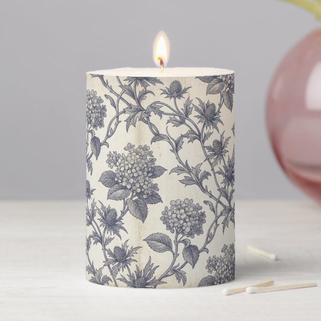 Botanical Toile | Hydrangea & Sea Holly Pillar Candle (In Situ)