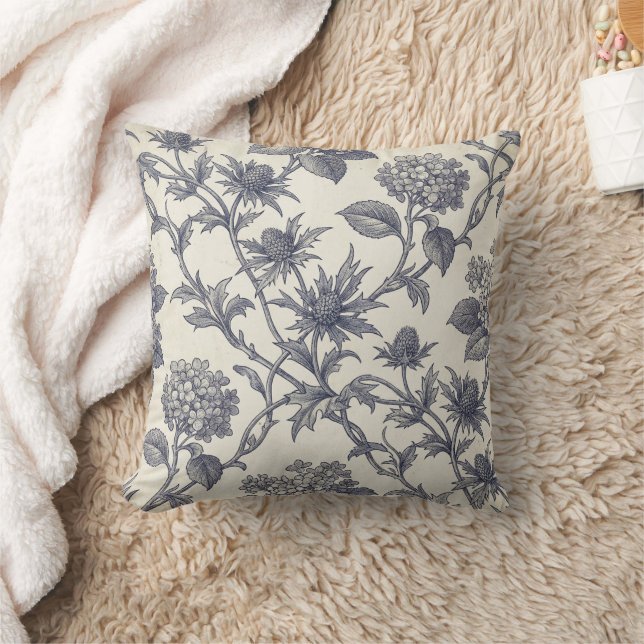 Botanical Toile | Hydrangea & Sea Holly Throw Pillow (Blanket)