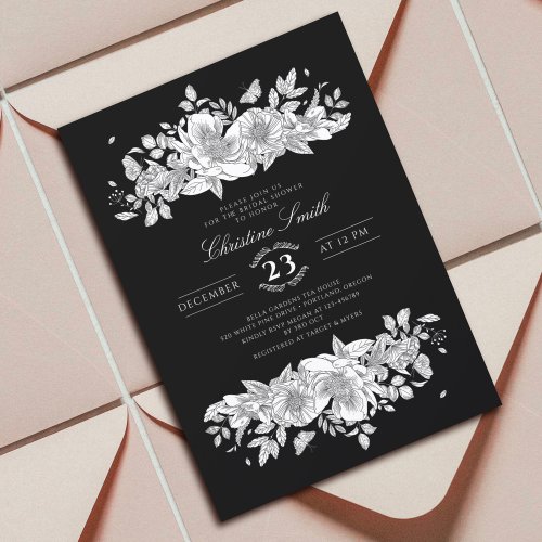 Botanical Trendy Black Line Art Bridal Shower Invitation