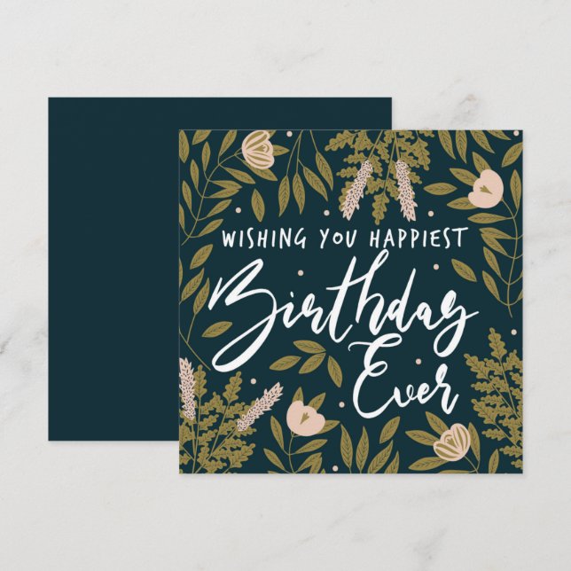 Botanical Trendy Floral Typography Happy Birthday Card (Front/Back)