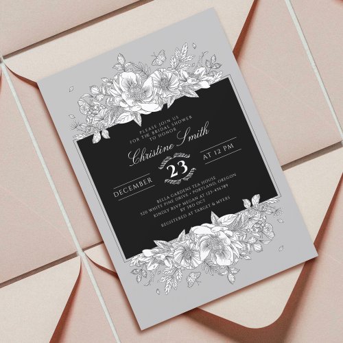 Botanical Trendy Grey Black Line Art Bridal Shower Invitation