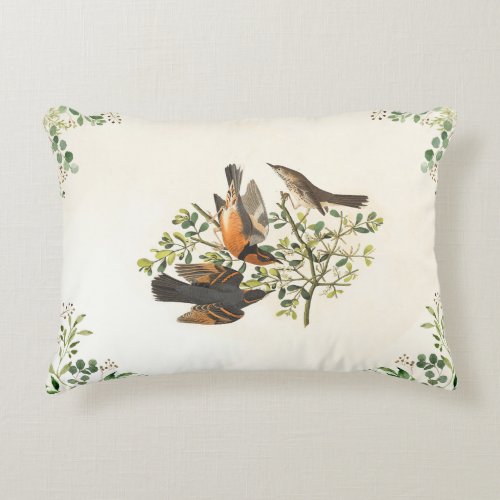 Botanical Trio of Birds and Greenery Accent Pillow