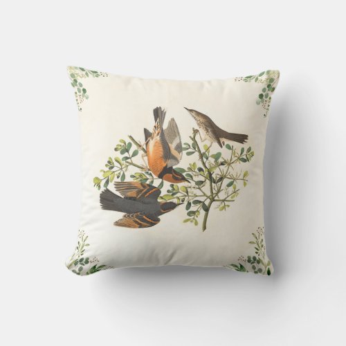 Botanical Trio of Birds and Greenery  Throw Pillow