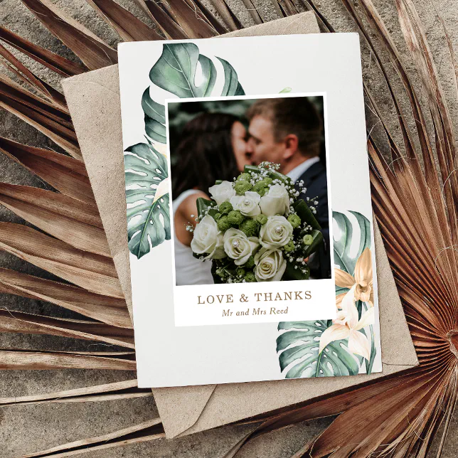 Botanical Tropical Floral Gold Mauve Wedding Thank You Card | Zazzle