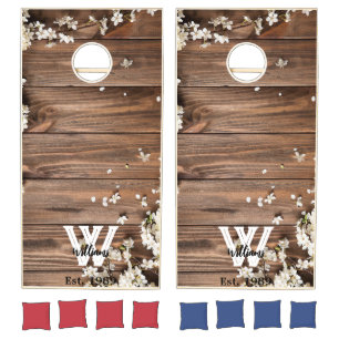 Botanical Tropical Floral Wood Tone Monogram Name Cornhole Set