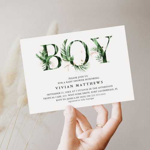 Botanical Tropical Green  Gold BOY Baby Shower Invitation