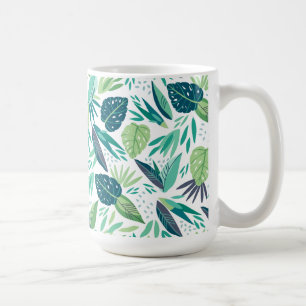 Botanical Tropical Green & White Leafs Pattern Coffee Mug