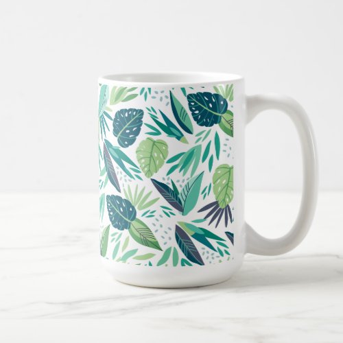 Botanical Tropical Green  White Leafs Pattern Coffee Mug