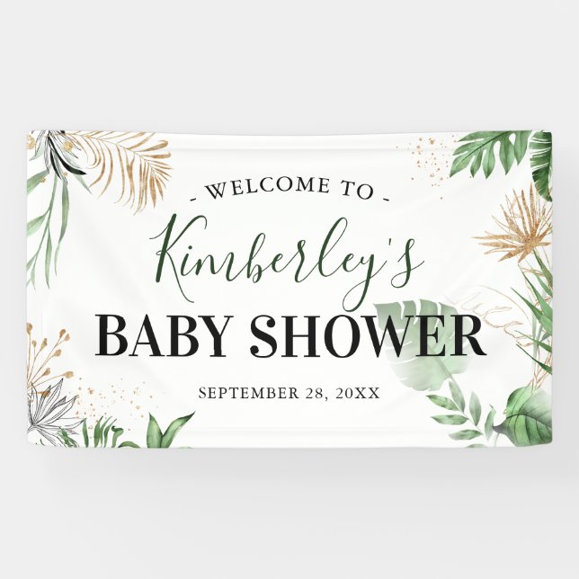 Botanical Tropical Greenery & Gold Baby Shower Banner (Horizontal)